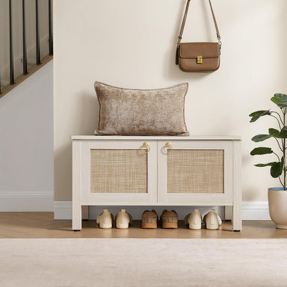 SICOTAS Rattan Shoe Rack Bench with Lift Top Storage: White Farmhouse Boho Shoe Cabinet Entryway Bench with Safety Hinges, Wooden Storage Chest for Bedroom, Entryway, Hallway, Living Room