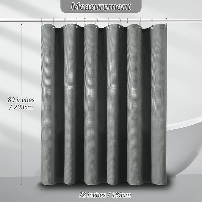 Shower Curtain Gray Waterproof Waffle Weave Fabric, 256GSM Heavy Duty Thick Shower Curtain Set for Bathroom, Hotel Spa Luxury Modern Shower Curtains with 12 Metal Hooks, 72Wx80H Grey
