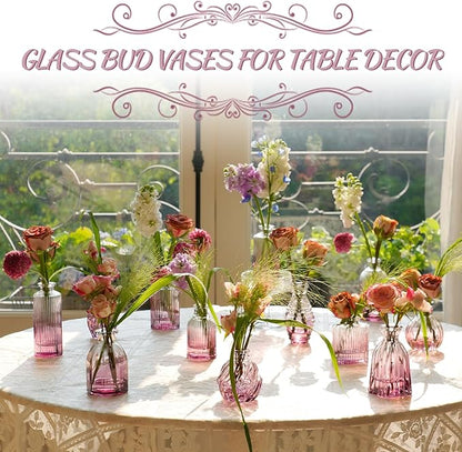 Bud Vases Set of 12, Small Purple Vase Glass Vases for Flowers Vintage Ribbed Colored Wedding Flower Vase for Decor in Bulk Decor Bridal Shower Centerpieces Home Table Decoration