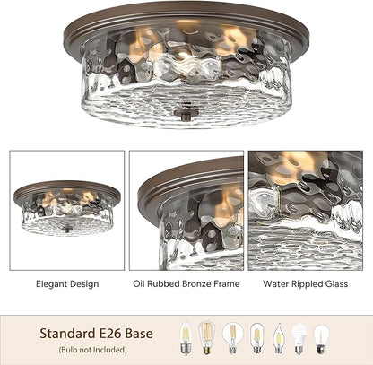 Large Industrial Flush Mount Ceiling Light, 16" 3-Light Modern Ceiling Light Fixture, Farmhouse Close to Ceiling Lighting,Hammered Glass Ceiling Light for Bedroom, Living Room, Kitchen Island