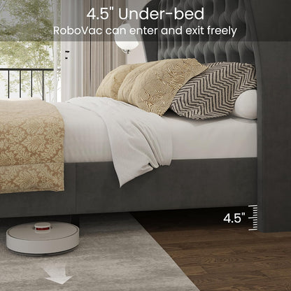 LARMACE Queen Size Bed Frame Velvet Upholstered Platform Bed with Wingback Headboard & Footbaord, Deep Button Tufted Bed Frame with Wood Slats Support, No Box Spring Needed, Grey