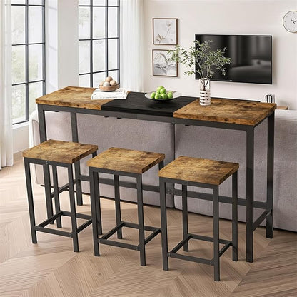 Harper & Bright Designs 4-Piece Dining Table Set, 60.2" L Wood Dining Table with 3 Stools and Metal Frame for Kitchen Dining Room, Convenient Hanging Stool Design, Natural+Black