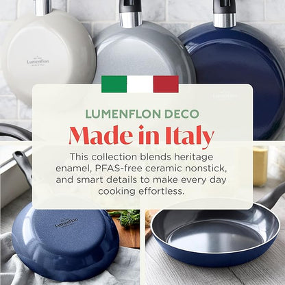 Deco 11” Nonstick Frying Pan Skillet, Made in Italy, Diamond Ceramic PFAS-Free, Dishwasher & Metal Utensil Safe, Durable Gloss Enamel Finish, Stay-Cool Handle, High Walls-Extra Room, Blue