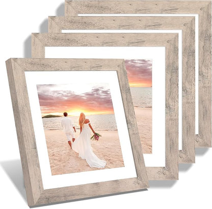 10x10 Picture Frame Set of 4 with High Definition Glass, Smoke Gray Frames Display 8x8 Picture with Mat or 10 x 10 Without Mat, Wood Square Photo Frame for Wall Mount and Tabletop Display