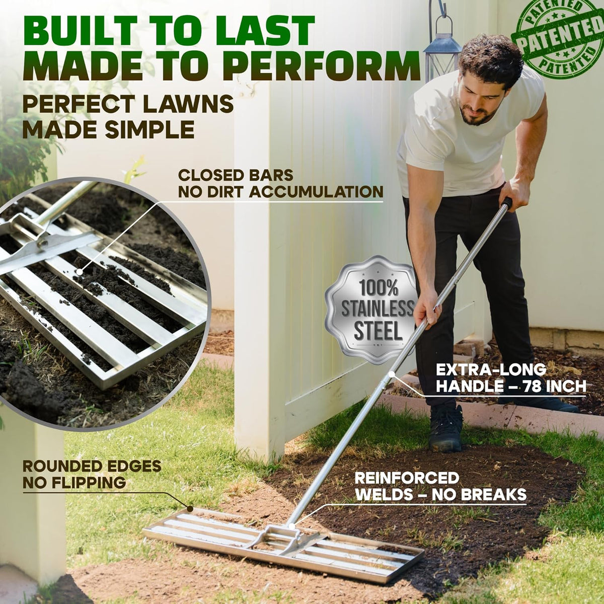 Oris Garden 30" Stainless Steel Lawn Leveling Rake – Adjustable 78" Handle, Ground Leveler