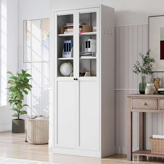 Kitchen Pantry Cabinet, 72" H Storage Cabinet with Glass Doors and Adjustable Shelves, Metal Bathroom Cabinets, Utility Cabinets for Kitchen, Living Room Assembly Required, White
