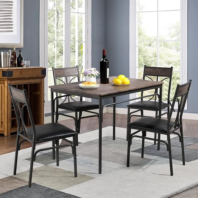 VECELO Kitchen Dining Room Table Set with 4 Chairs for Small Space, Apartment,Metal Steel Frame