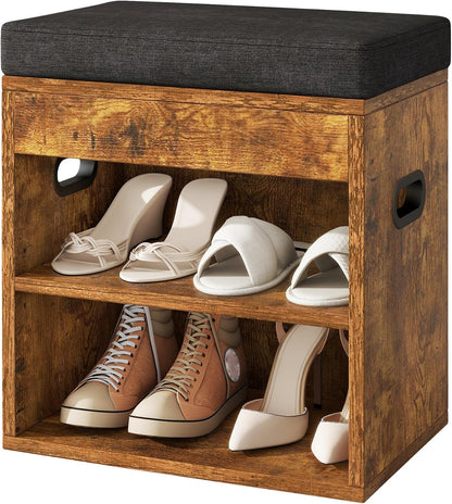 YMYNY Small Shoe Storage Bench with Cushion and Drawer, 2 Tier Adjustable Entryway Bench with Storage, Wooden Shoe Rack Bench for Entryway, Living Room, Hallway, Closet, Bedroom, Rustic Brown, HSC002H