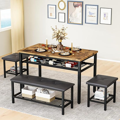 Lamerge Kitchen Tables Set for 4, Rectangular Dining Room Table Set with Bench and Stools, 4 Pieces Dining Room Table Set with Storage Rack for Small Space, Breakfast Nook and Apartment, Rustic Brown