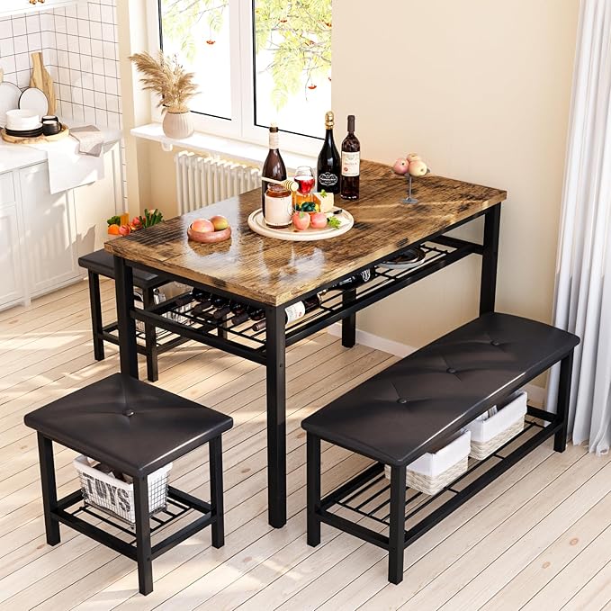 Lamerge Kitchen Tables Set for 4, Rectangular Dining Room Table Set with Bench and Stools, 4 Pieces Dining Room Table Set with Storage Rack for Small Space, Breakfast Nook and Apartment, Rustic Brown