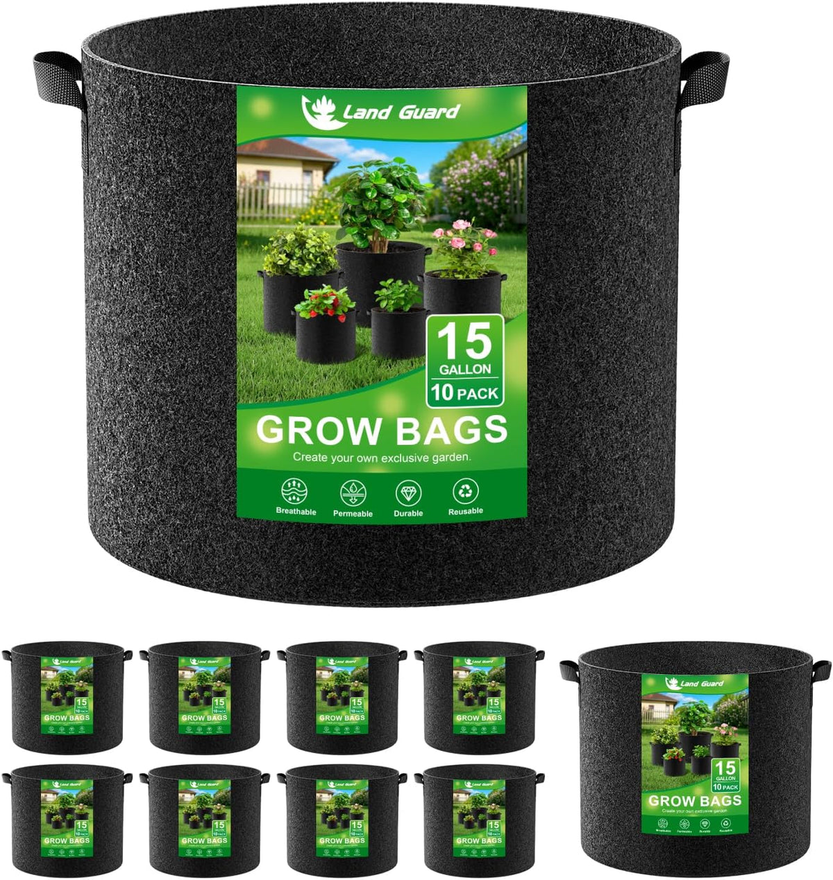 Land Guard 10-Pack Fabric Grow Bags 15 Gallon, Thickened Nonwoven Garden Pots, Growing Bags with Handles, Black