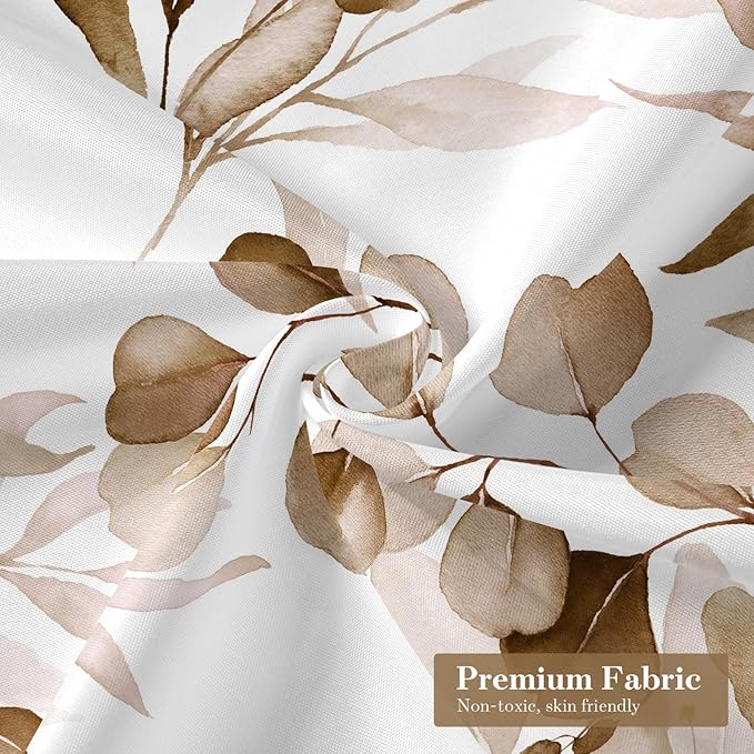 MitoVilla Brown Floral Shower Curtain, Modern Plants Botanical Fabric Cloth Shower Curtains for Rustic Vintage Bathroom Decor, Fall Watercolor Tan Eucalyptus Leaf, 72x72