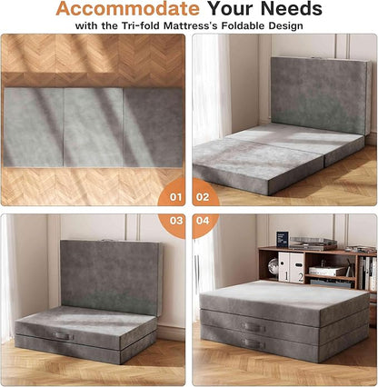 Tri-Fold Memory Foam Mattress, 4 inch Twin Folding Mattress with Washable Covers, Reversible Design, Foldable Mattress Topper for Travel&Guests 75" x 38" x 4"