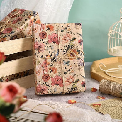 RUSPEPA Blooming Flower Wrapping Paper with Bird and Butterfly Design, 17 in x 32.8 ft Each Roll, Mini Roll Kraft Floral Wrapping Paper for Girls, Women, Spring and Birthday