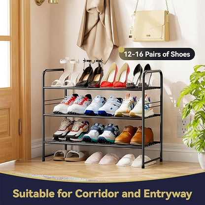 3-Tier 27” Wide Shoe Rack for Closet, Metal Stackable Shoe Shelf Organizer, Black