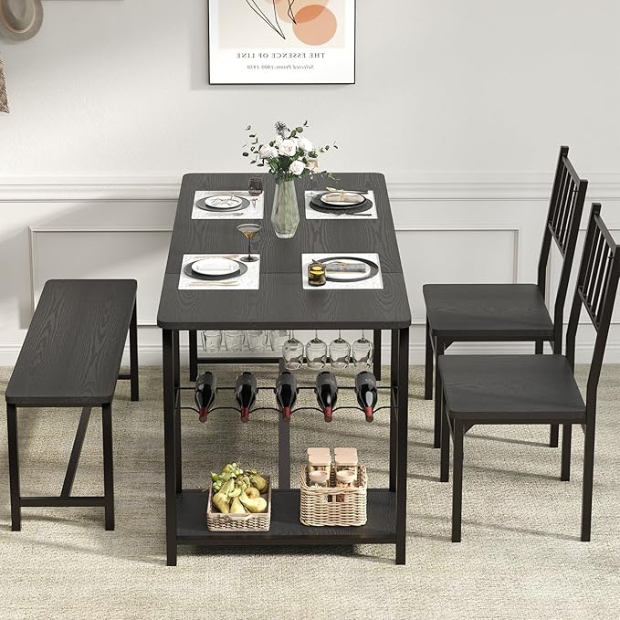 4 EVER WINNER Dining Table Set for 4, 55" Kitchen Table Chairs with 2 Chairs and Bench, 4 Piece Dining Room Table Set with Wine Rack & Wine Glasses Holder for Small Space, Black