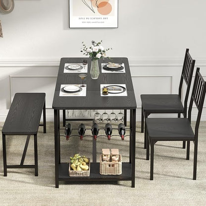 4 EVER WINNER Dining Table Set for 4, 55" Kitchen Table Chairs with 2 Chairs and Bench, 4 Piece Dining Room Table Set with Wine Rack & Wine Glasses Holder for Small Space, Black
