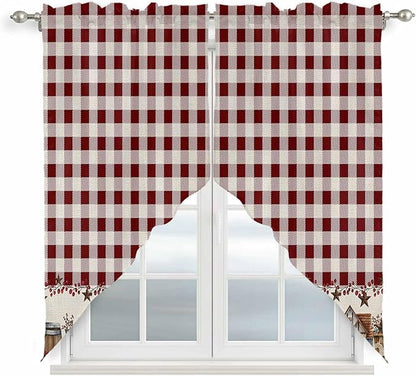 Swag Curtain Valances for Kitchen Windows,Farm Barn Western Star on Vintage Short Rod Pocket Window Valance,Red Buffalo Plaid Swag Topper for Bedroom Living Room,2 Panels 28x36in