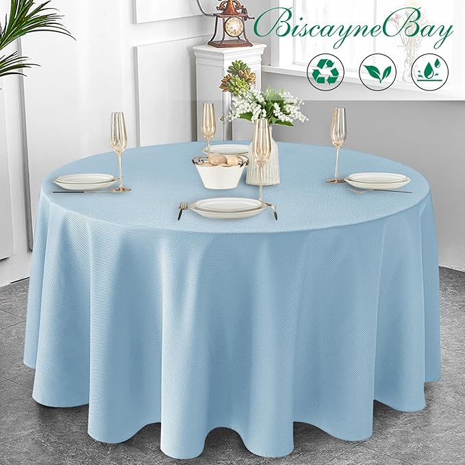 Biscaynebay Textured Fabric Round Tablecloths 108", Light Blue Water Resistant Table Cloth Circle Folding Table Covers Linen for Dining, Kitchen, Wedding, Parties etc. Machine Washable