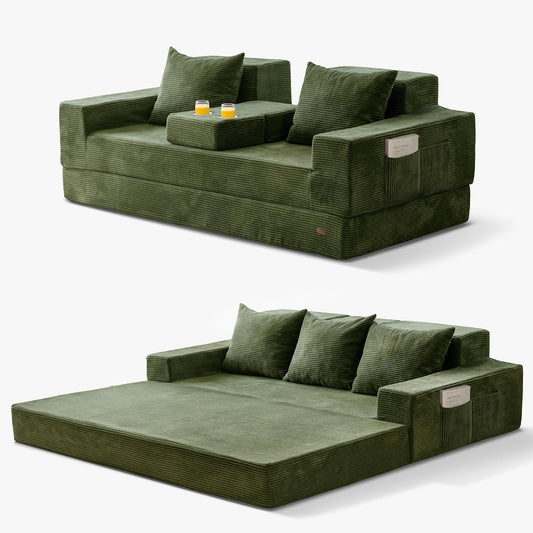 MAXYOYO Convertible Sofa Bed, 80" Oversized Loveseat Couch 4 in 1 Foldable Floor Sofa Couch in A Box with 2 Cup Holders, Folding Chair for Living Room, No Assembly Required, Green | Corded Green 4-in-1 Couch Converts Into a Floor Sofa