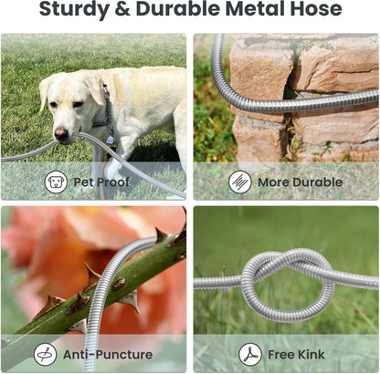 Girafe Tools Garden Hose 75ft x 5/8", 304 Stainless Steel Metal Water Hose, No Kink Garden Water Hose with 9 Pattern Spray Nozzle, Flexible, Lightweight, Kink Free Hose for Yard, Outdoor