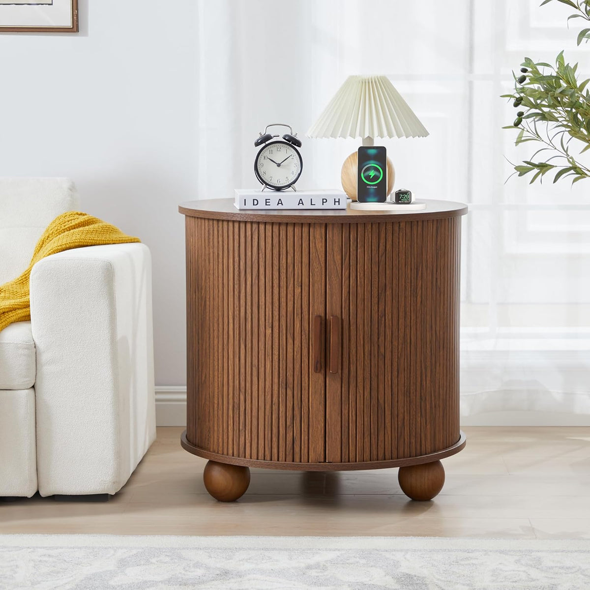 AVZEAR 24" Large Round End Table with Charging Station, Farmhouse Fluted Sofa Side Table with Sliding Tambour Door & Storage, Mid-Century Wood Nightstand for Living Room, Bedroom, Walnut