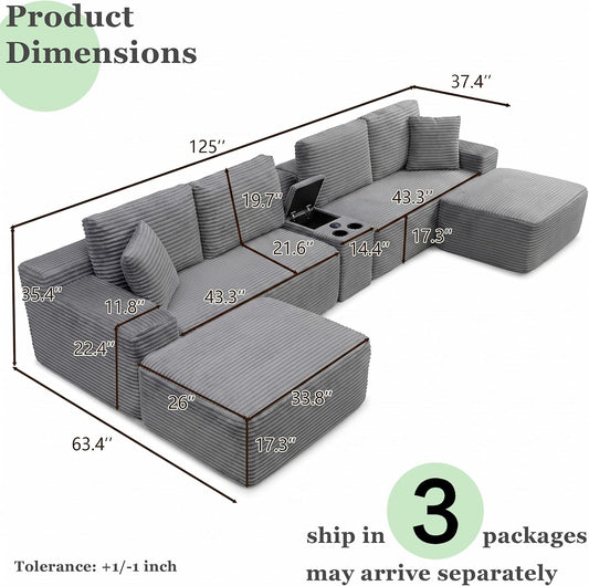 125" Oversized Sectional Couches for Living Room, Modern Cloud Couch with Ottoman,USB Port&Cup Holders, Comfy Corduroy Modular Sectional U Shape Sofa Couch for Apartment, Grey Couch in a Box