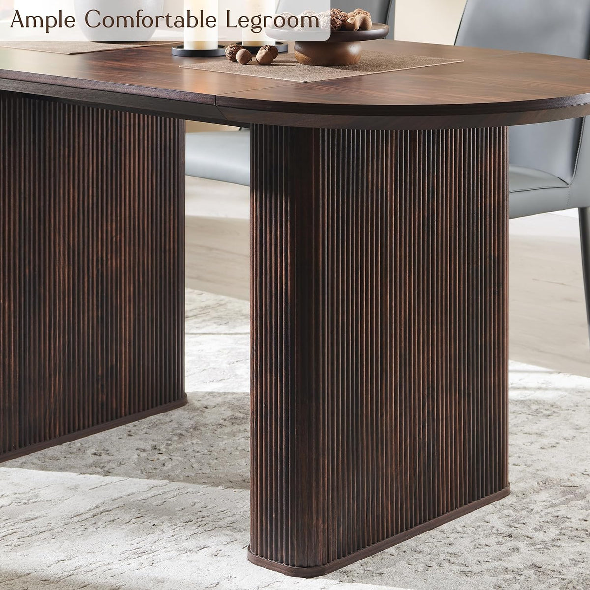 T4TREAM 63" Fluted Oval Dining Table for Kitchen Living Room, Walnut | Mid Century Modern Kitchen Table, Seats 4-6, Thickened Edge and Sturdy Strip Pedestal Base