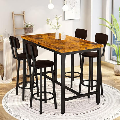Lamerge Dining Table Set for 4 Bar Table and Chairs Set Industrial Counter Height Dining Table Set with 4 PU Upholstered Stools Kitchen Pub Table for Kitchen, Restaurant, Space Saving, Rustic Brown