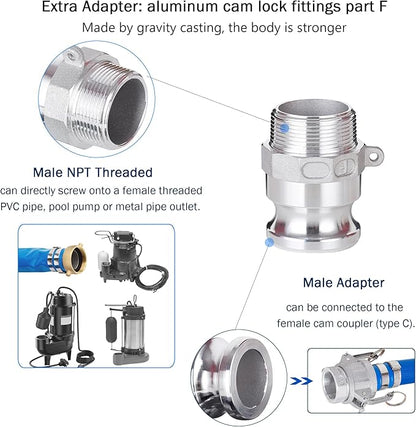 DAVCO 2" ID × 50 ft PVC Lay Flat Discharge Hose, Heavy Duty Reinforced Blue Pool Backwash Hoses For Swimming Drain Pools, with Aluminum Camlock C and E Fittings, Cam Lock Fitting Type F included