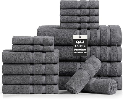 16-Piece Bath Towels Set, 100% Cotton Thick Soft Highly Absorbent Durable, Quick Dry, Bathroom Towels Set (4 Bath Towels, 4 Hand Towels, 8 Washcloths) - Perfect for Daily Use