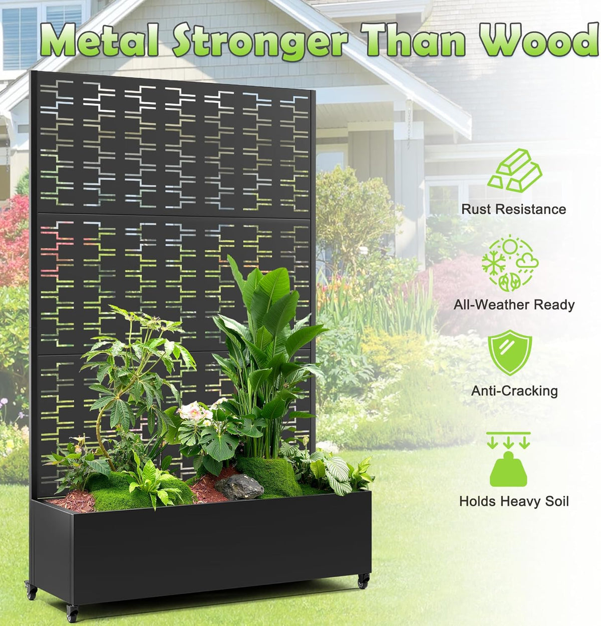 15.7"×70.9"×47.2" Metal Raised Garden Bed with Trellis and Wheels - Tall Trellis Planter Box for Climbing Plants, Vegetables & Vines - Outdoor Privacy Planters for Patio (Black-Brick)