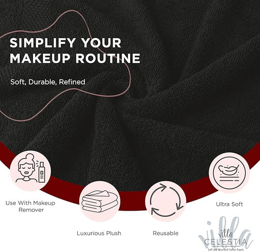 Black Makeup Remover Towels Set of 4, 100% Soft Cotton Reusable Luxury 4 Pcs Makeup Wipes for Face, Ideal for Salon, Bath, Hotel, Spa, Washcloths for Face Pack of 4 (12"X12")