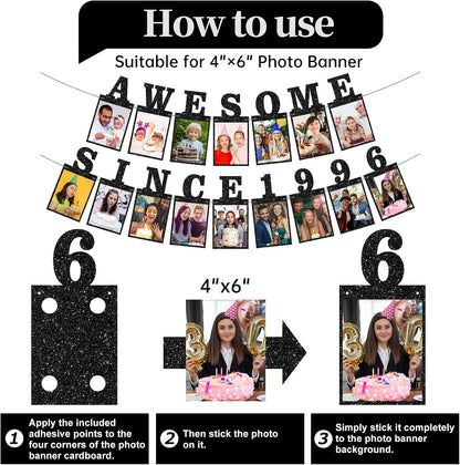 Pre-strung Awesome Since 1996 Photo Banner Birthday Decorations for Her Him- Black Glitter 30th Birthday and Anniversary Decorations Party Supplies for Women Men