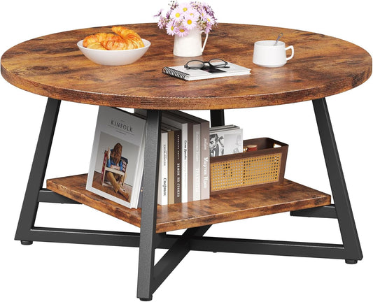 Round Coffee Table, Small Circle Coffee Table with Storage, Modern Wood Round Center Table for Living Room, Home Office, Small Space, Easy Assembly, Rustic Brown