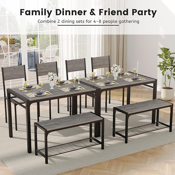 JUMMICO 43.3" Dining Table Set for 4, Kitchen Table with Bench & 2 Chairs Modern Rectangular Metal Frame Dining Furniture Set for Small Space (Grey)