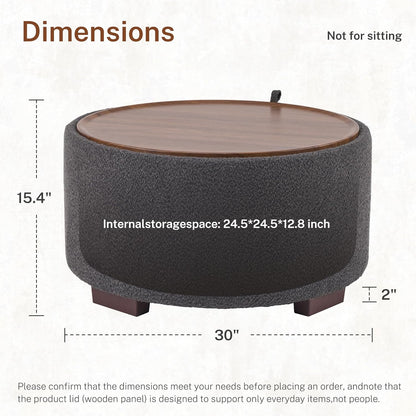 30 Inch Round Storage Ottoman Coffee Table, Modern Boucle Ottoman with Lift Off Lid for Living Room, Bedroom, Corners, Apartments, Gray