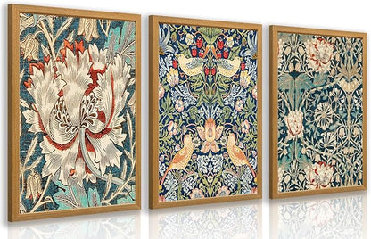 FASWQ Wood Framed William Morris Wall Art, Nouveau Vintage Botanical Wall Decor, Retro Intricate Floral Animal Canvas Painting, Retro Natural Flower Bird Poster Print for Living Room Bedroom 16"x24"x3