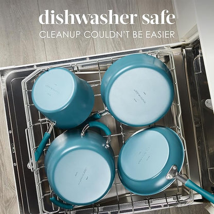 Rachael Ray Cucina Ceramic Cookware Set - 13 Pieces - Ceramic Pots and Pans Set w/Nonstick Frying Pans, Saute Pan, Saucepans, Stockpot, Lids, Pan Protectors & Cooking Utensils - Marine Blue