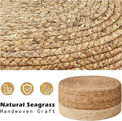 Cpintltr Foot Stool Natural Seagrass Hand Weave Poufs Round Ottoman for Couch Desk Soft Step Stool Padded Foot Rest with Non-Skid Pine Legs for Hallway Office Lounge Natural/White