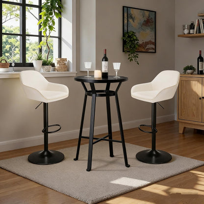 Glitzhome Bar Table and Chairs Set, Round Black Steel Pub Table with Soild Elm Wood Top and Bar Height Adjustable Swivel PU Leather Bar Stool for Breakfast Nook Living Room Small Space Restaurant