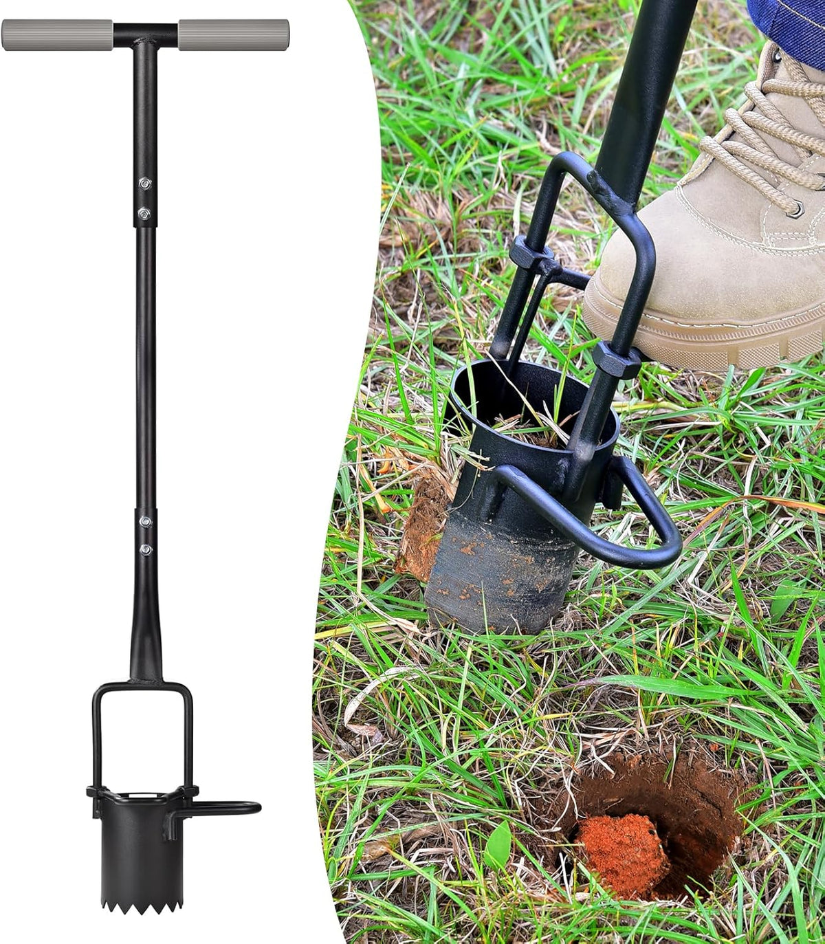 Sod Plugger, Bulb Planter with Long Handle and Serrated Base Garden Tool, Bulb Transplanter Also Grass Plug Tool for Digging Holes to Plant Tulips, Iris, Daffodils
