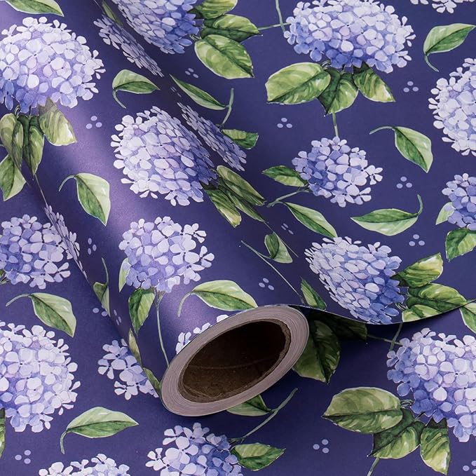 WRAPAHOLIC Kraft Hydrangea Floral Wrapping Paper Roll - Mini Roll - 17 Inch x 16.5 Feet - Blue Hydrangea Flower Wrapping Paper for Wedding, Birthday, Bridal Shower, Tea Party