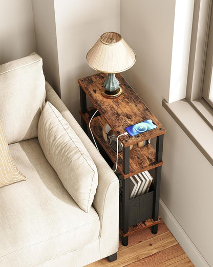 CHOEZON Narrow Side Table and Mini Fridge Stand with Storage, Skinny End Table with Fabric Basket, Mini Fridge Cabinet with Mobile Basket Cart, for Living Room, Bedroom, Rustic Brown TBZ07UBF-TBZ55BF