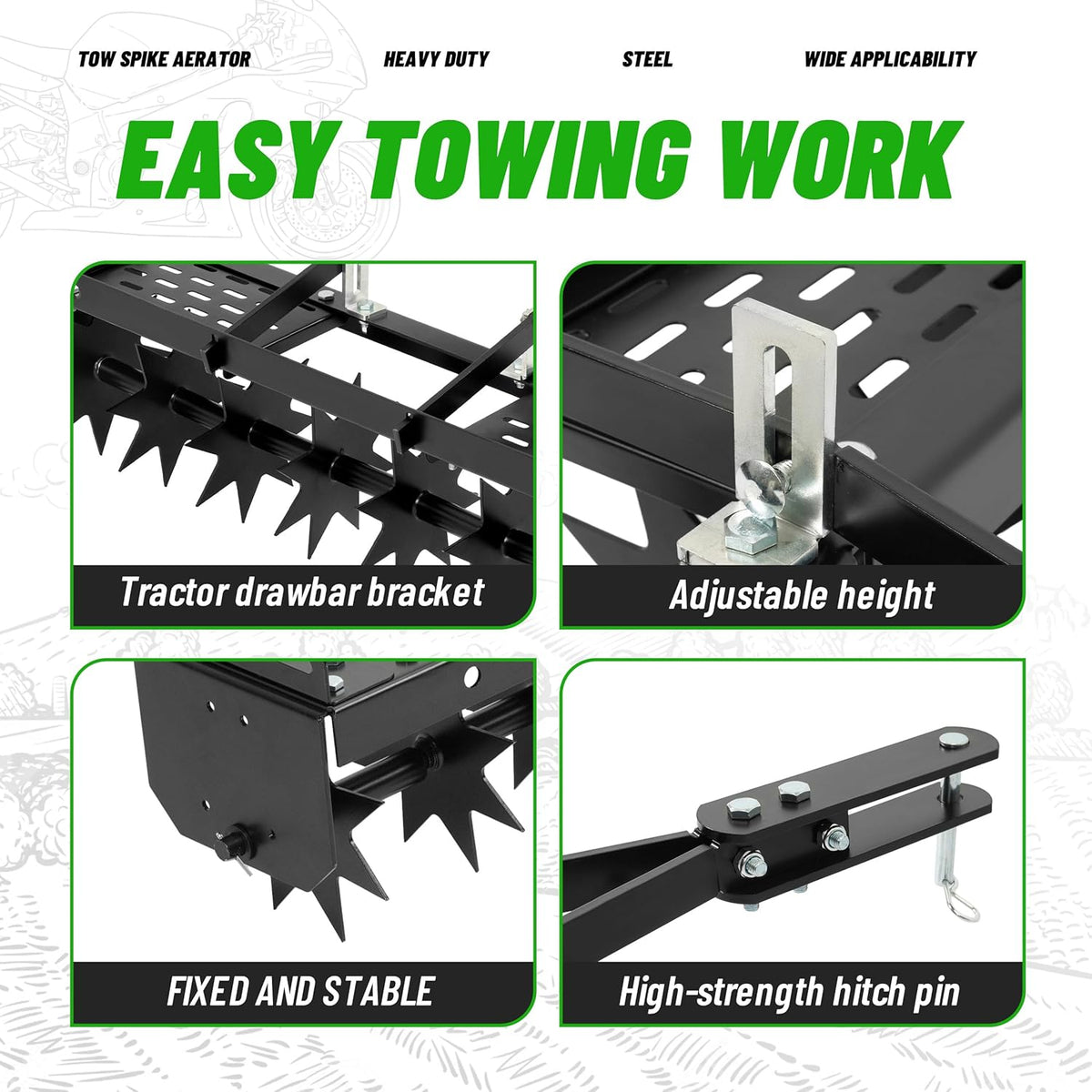 32 in Tow Behind Spike Aerator W/ 8 Spikes, Hitch Pin Attach to Lawn Tractor, Most ZTRs, ATVs Soil Mower Hitch, Lawn Soil Penetrator for Gardens, Lawns, Farms