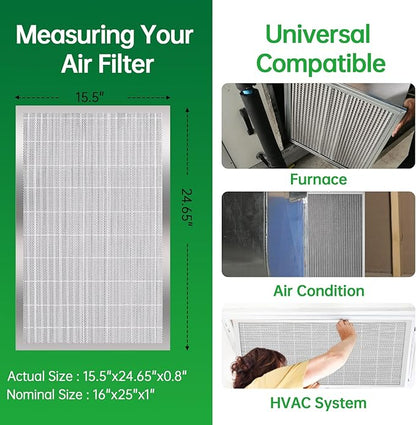 16x25x1 Air Filter Electrostatic Filter Reusable Washable HVAC AC Furnace Filter,MERV 8,Lasts a Lifetime, Healthier Home or Office(Actual Size:15.5x24.65x0.8 Inch)