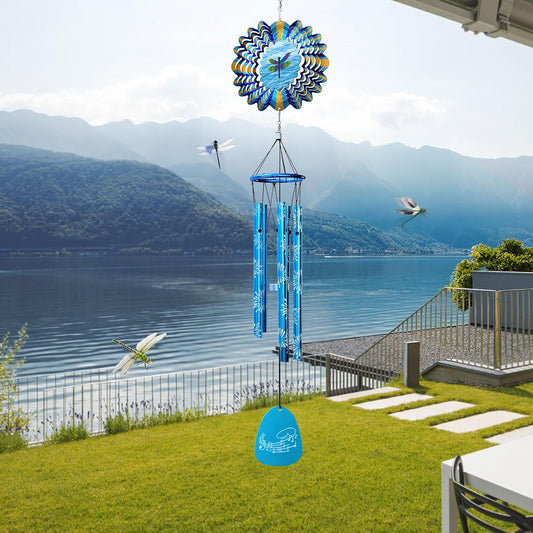 33" Memorial Wind Chimes Outdoor | Deep Tone with Animated Dragonfly Spinner, Rustproof Garden Decor for Patio/Lawn, Sympathy Gift for Mom/Dad/Unisex