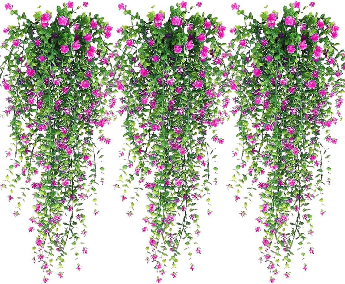 Artificial Hanging Flowers, 3 Pcs Fake Hanging Plants Artificial Vines for Outdoors, Fake Ivy Vine UV Resistant No Fade Faux Plants for Indoor Outside Garden Patio Yard Greenery Decoration (Red)