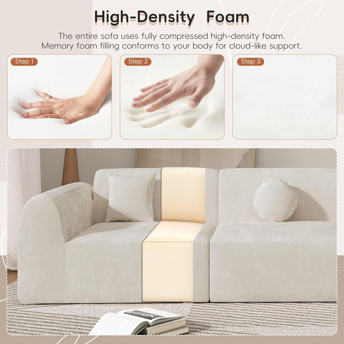 Merax 140" Curved Polyester Sectional Sofa Set, Modern Cloud Couch with Chaise Lounge & 3 Pillows, Fully Assembled for Living Room, Beige