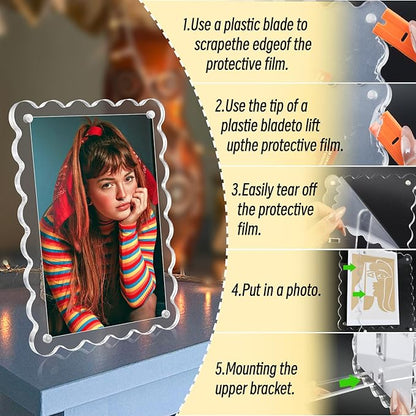 3 Pack Acrylic Picture Frames 4x6 Scalloped with Detachable Brackets, Vertical and Horizontal Tabletop Display, Clear Magnetic Photo Frames for Home/Family/Party/Wedding